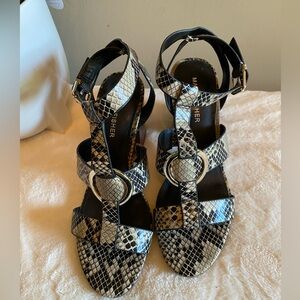 Marc Fisher Snake Print Sandals with Black and Tan Accents
